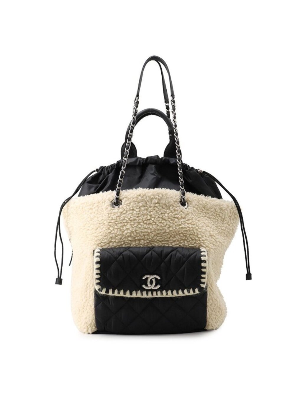 Chanel Tote Quilted CC Logo Fleece Drawstring Shearling Nylon 2-Way